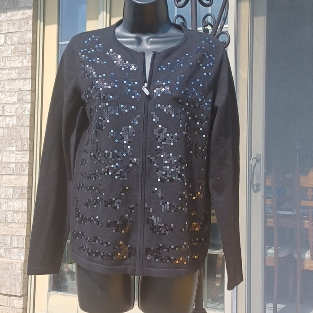 Peter Nygard Sweater, Medium Petite Black Zip Up Cotton Blend Sequins Vintage